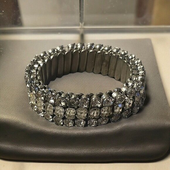 Jewelry - Icy Clear Rhinestone 3 Row Stretch Bangle Bracelet Silver Tone VTG Wedding Prom